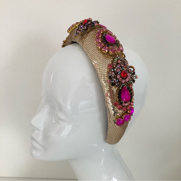 Handmade Hairband Headband Gold Pink Multicoloured Rhinestone Wedding Occasion - Picture 10 of 16